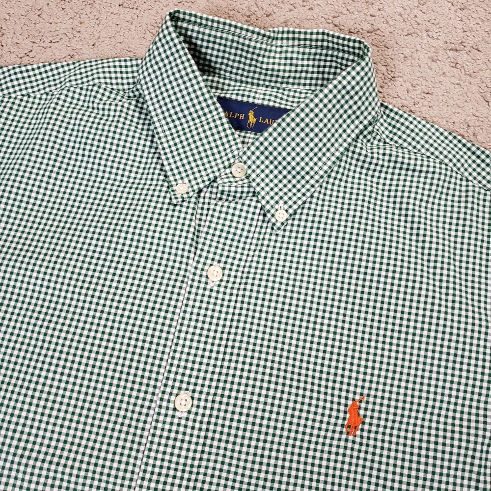 Ralph Lauren Shirt Men L Green Gingham Check Orange Pony Long Sleeve Casual